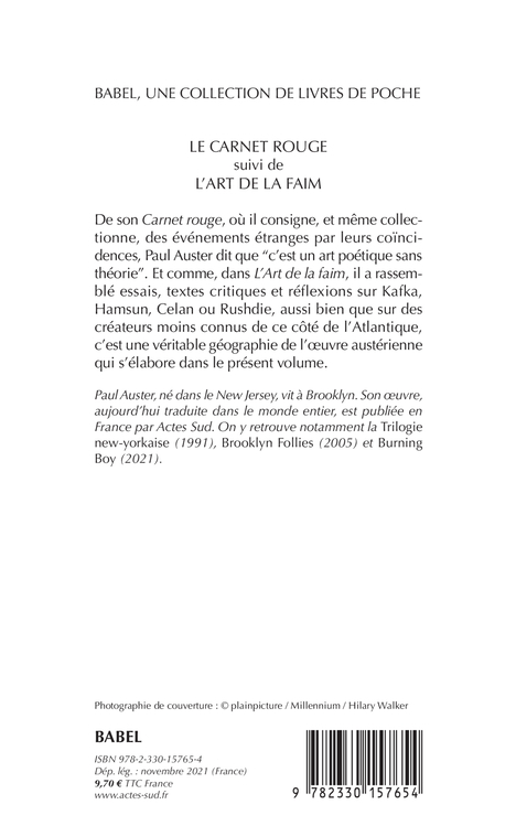 Le Carnet rouge suivi de L'Art de la faim - Paul Auster, Christine Le Boeuf, Paul Auster, Christine Le Boeuf - ACTES SUD