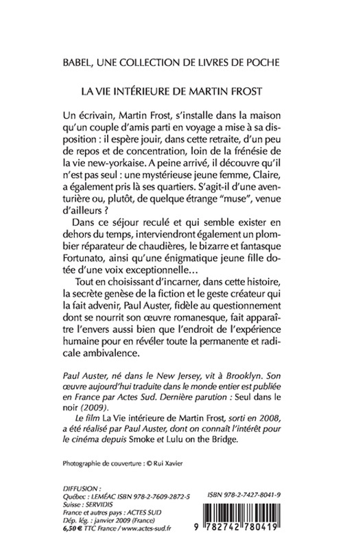 La Vie intérieure de Martin Frost - Paul Auster, Christine Le Boeuf, Paul Auster, Christine Le Boeuf - ACTES SUD
