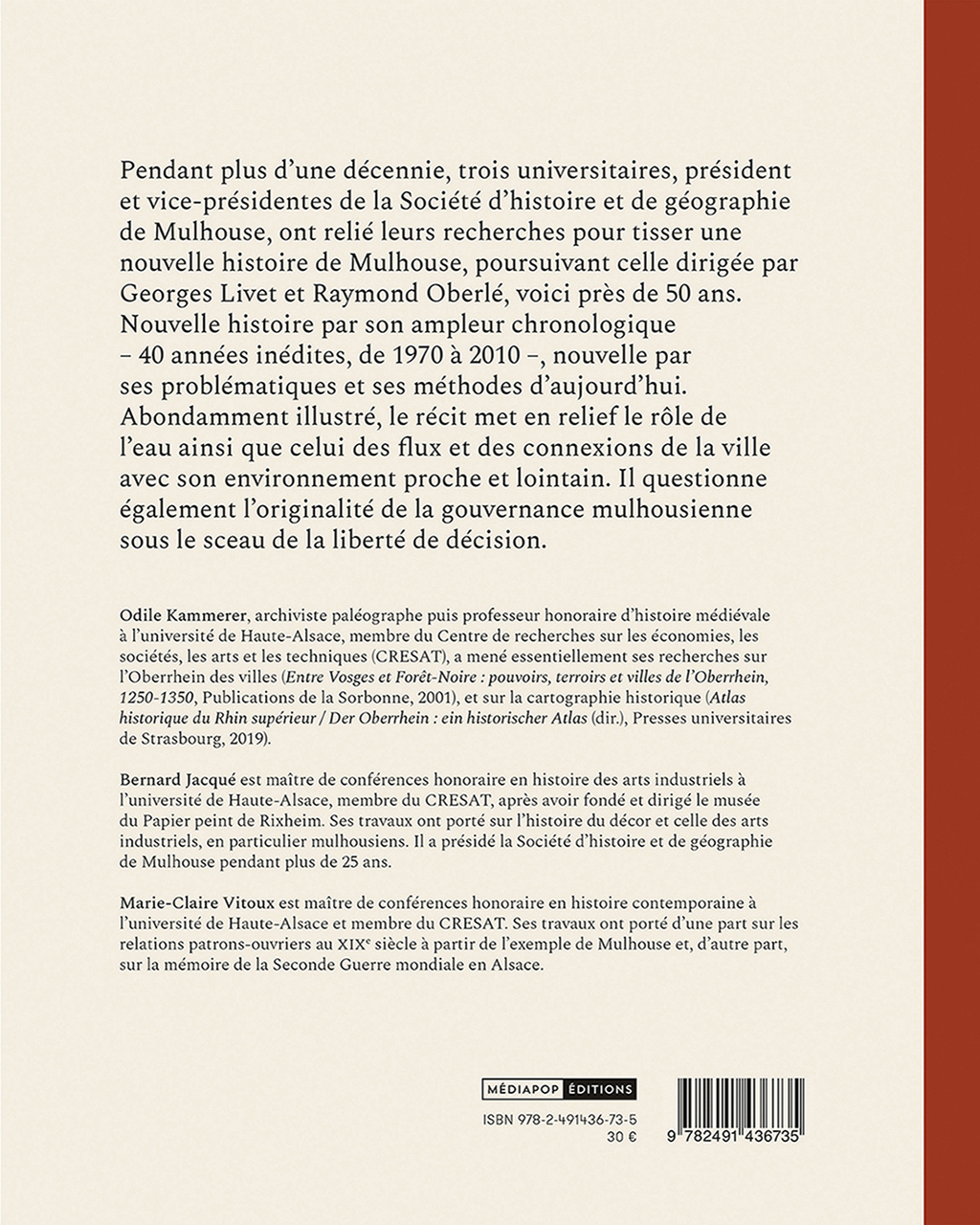 Nouvelle histoire de Mulhouse - Bernard Jacqué, Odile Nouvel-Kammerer, Marie-Claire Vitoux - MEDIAPOP
